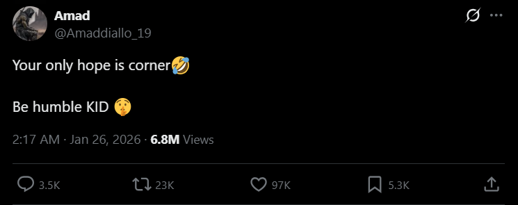 Amad Diallo ejek fans Arsenal di X