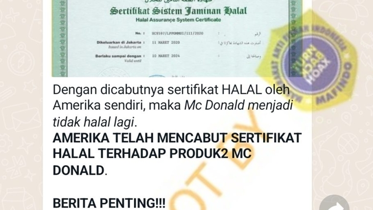[HOAKS atau FAKTA]: Sertifikat Halal McDonald’s Cs di Seluruh Dunia Dicabut