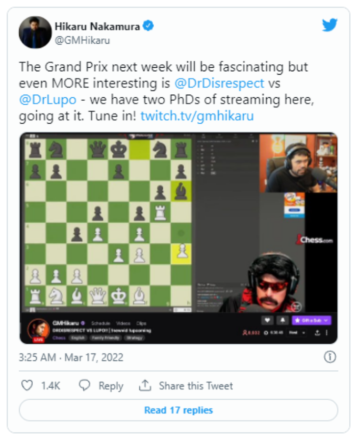Pengumuman mengenai streaming Hikaru Nakamura nobar pertandingan Dr. Disrespect. (Foto: Twitter/gmhikaru)