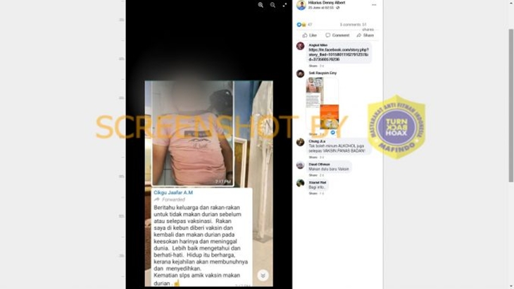 [HOAKS atau FAKTA]: Seorang Pria Tewas karena Makan Durian Setelah Divaksin