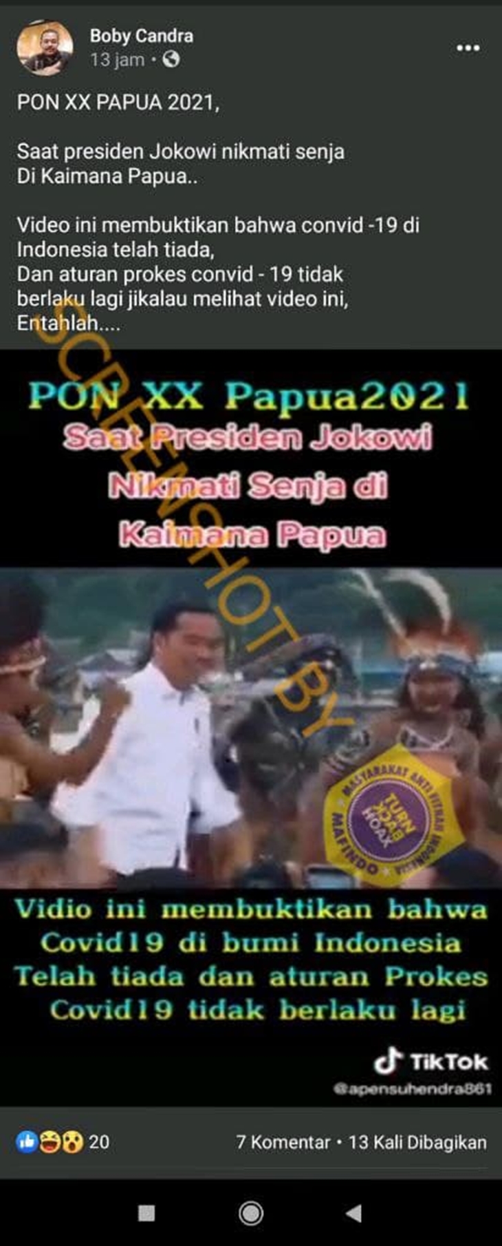 Tangkapan layar soal hoaks Jokowi berjoget di kerumunan tanpa masker saat PON Papua. (Foto: MP/Turnbackhoax.id)