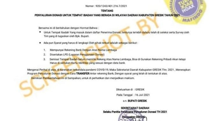[HOAKS atau FAKTA]: Pemerintah Kabupaten Gresik Minta Donasi untuk Tempat Ibadah