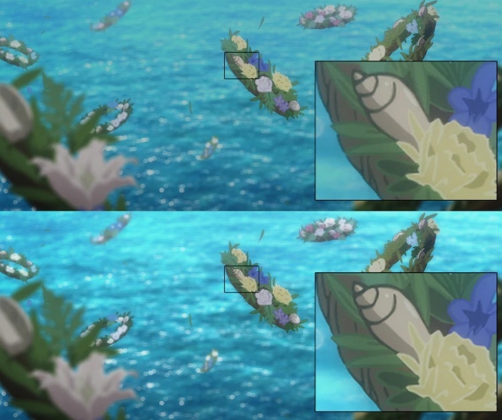 Perbedaan warna terlihat jelas antara versi biasa dan Dolby. (Foto: crunchyroll.com)
