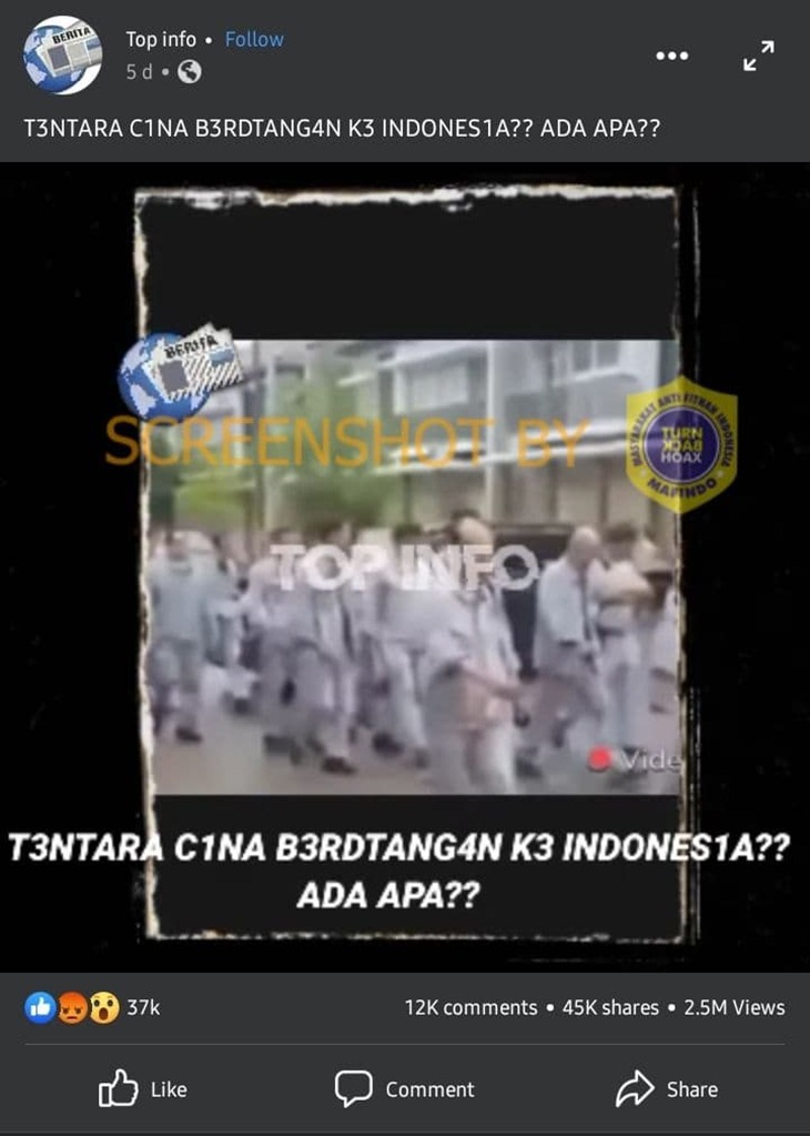 Tangkapan layar media sosial soal hoaks tentara Tiongkok masuk ke Indonesia pakai baju hazmat. (Foto: MP/Turnbackhoax.id)