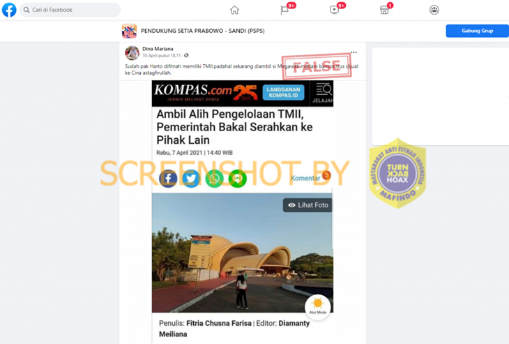 Tangkapan layar hoaks soal TMII bakal dijual ke Tiongkok. (Foto: MP/Turnbackhoax.id)