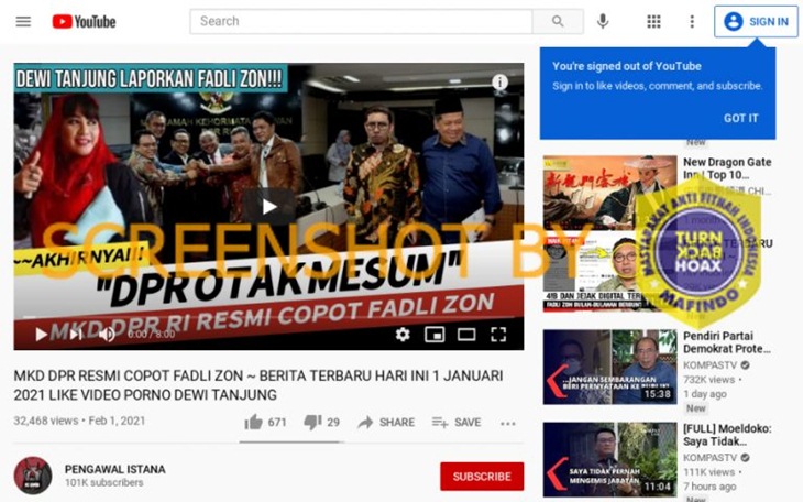 Tangkapan layar Youtube soal hoaks Fadli Zon dipecat dari DPR. (Foto: MP/Turnbackhoax.id)