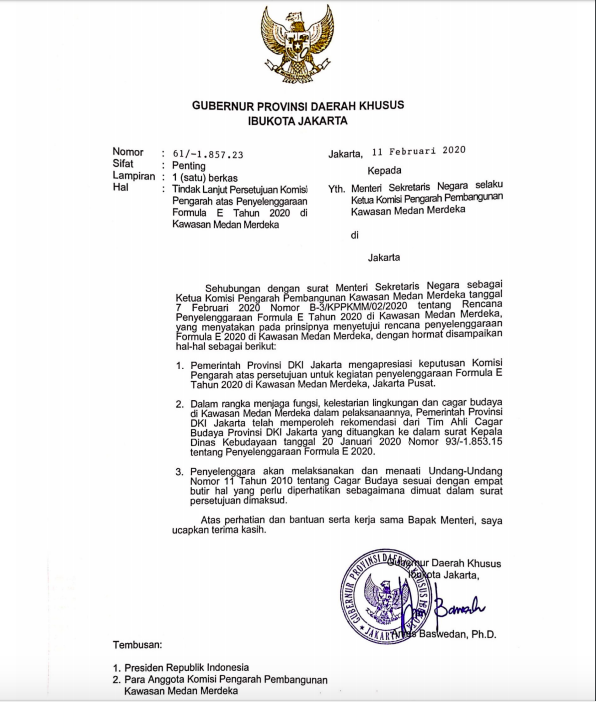 Surat Gubernur DKI Jakarta Anies Baswedan soal rekomendasi TACB. (Foto: Istimewa)