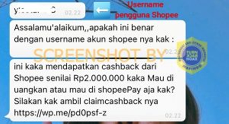 Tangkapan layar hoaks bagi-bagi cashback dari Shopee. (Foto: MP/Turnbackhoax.id)