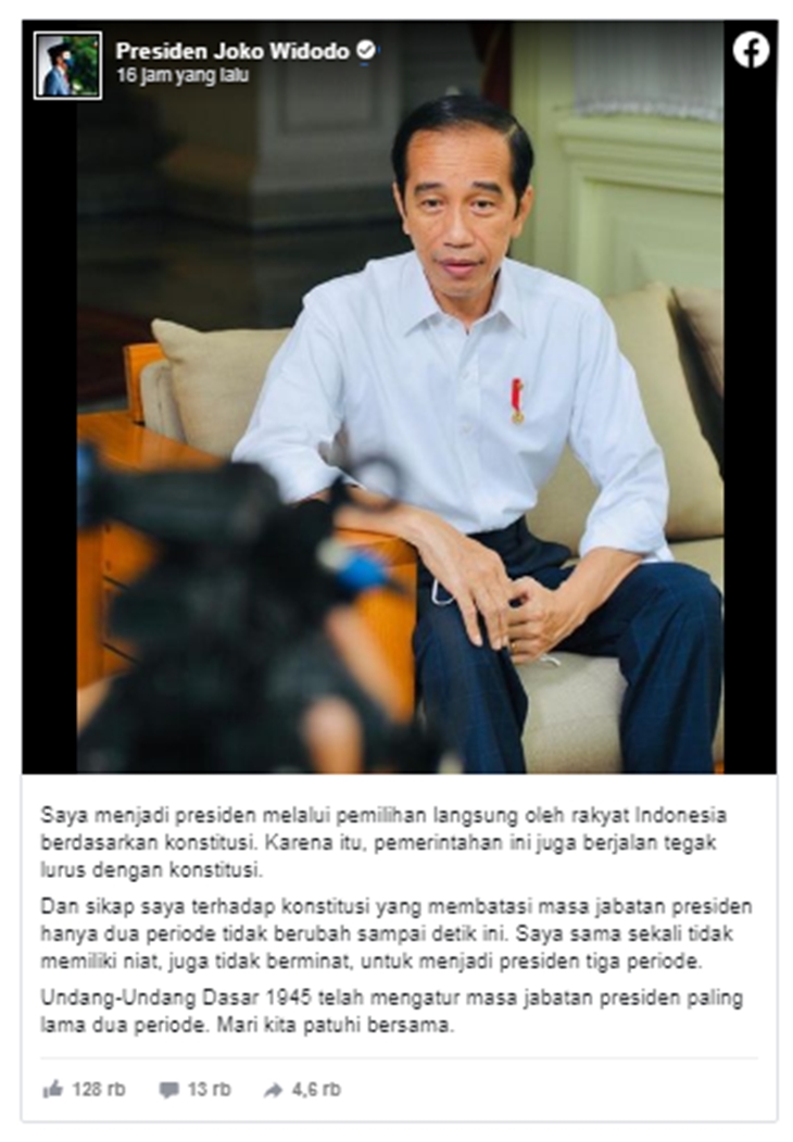 Tangkapan layar klarifikasi Jokowi soal jabatan presiden tiga periode di media sosial. (Foto: MP/Facebook Joko Widodo)