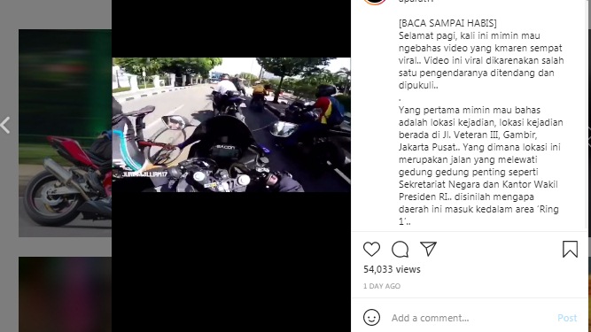 Tangkapan layar media sosial soal pengadangan rombongana moge di dekat Istana Kepresidenan, Jakarta. (Foto: MP/Instagram @bodatnation)