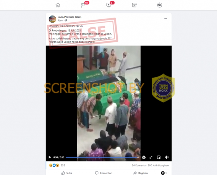 Tangkapan layar soal hoaks warga di Probolinggo meninggal bersamaan setelah divaksin. (Foto: MP/Turnbackhoax.id)