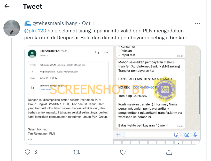 [HOAKS atau FAKTA]: Loker PLN Bali, Pelamar Diminta Bayar Rp 3,9 Juta