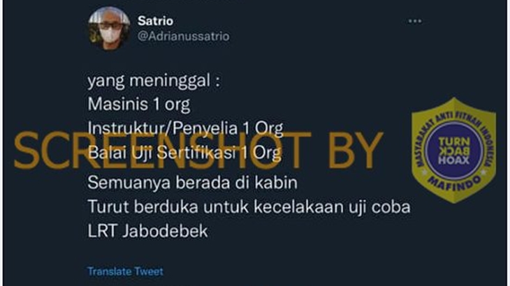 [HOAKS atau FAKTA]: Ada Korban Meninggal di Kecelakaan Uji Coba LRT Jabodebek