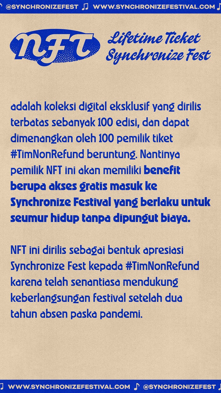 Synchronize Fest Bagikan 100 NFT Tiket Gratis, Berlaku Seumur Hidup