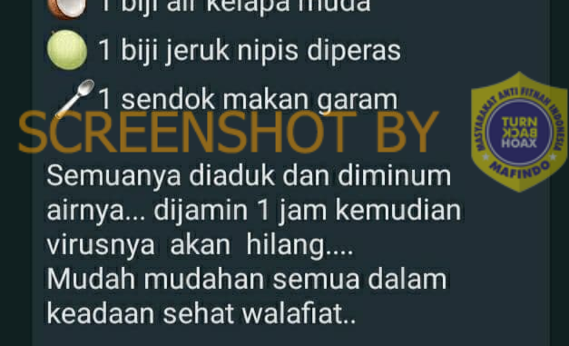 Tangkapan layar hoaks air kelapa.(Foto:  Mafindo)