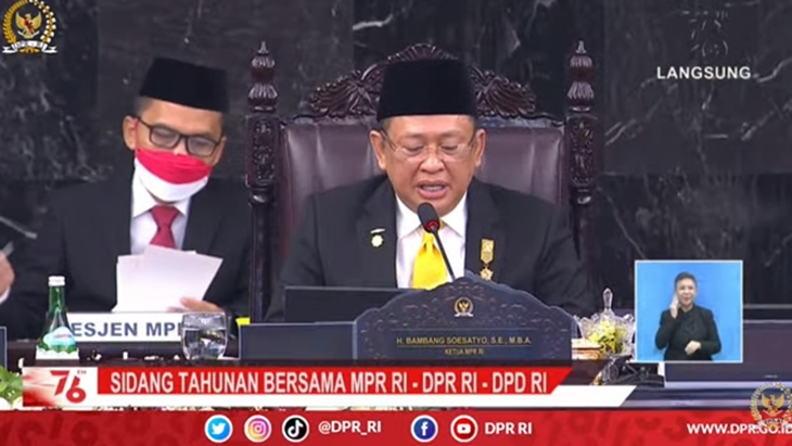 Ketua MPR RI Bambang Soesatyo di sidang tahunan MPR RI, Senin, 16 Agustus 2021. (Foto: MP/Youtube)
