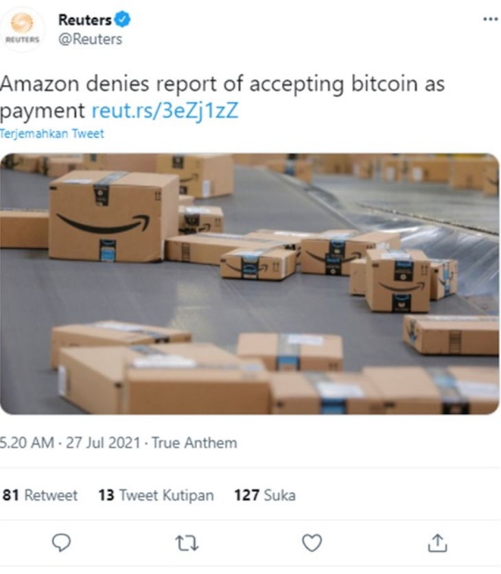 Faktor lingkungan dapat menjadi pertimbangan kedua Amazon membantah penggunaan Bitcoin. (Foto: Twitter/@Reuters