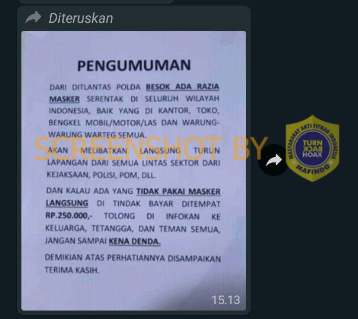 Tangkapan layar hoaks razia masker. (Foto: Mafindo)