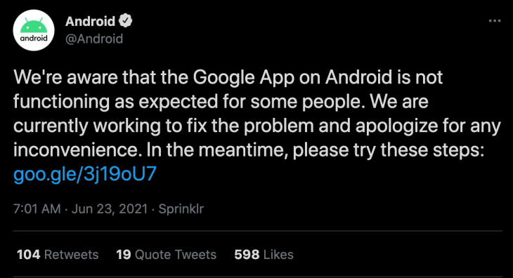 Google mencuitkan tanggapannya terhadap masalah ini. (Foto: Twitter/Android)