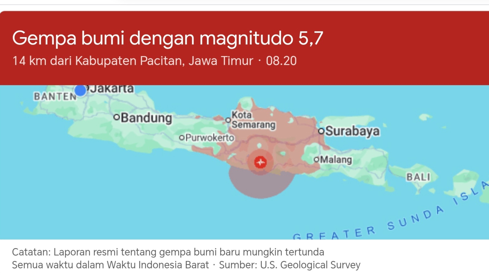 Gempa M 5,7 Guncang Pacitan, Getaran Terasa hingga Bali