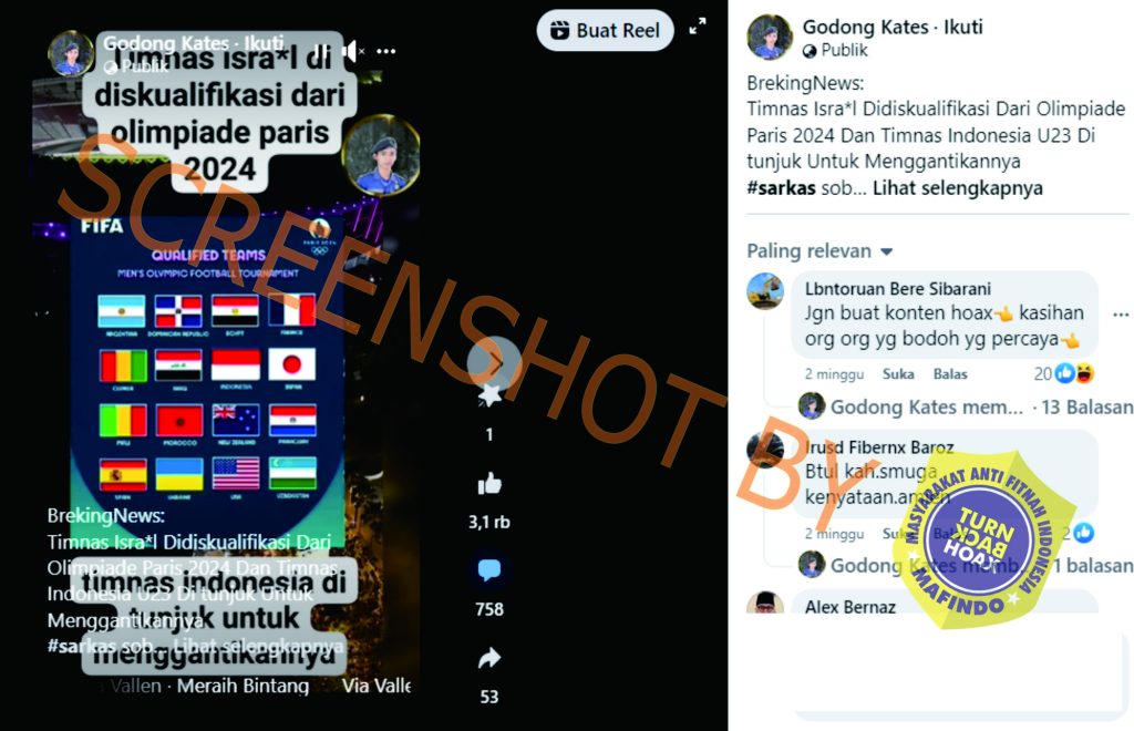 [HOAKS atau FAKTA] : Timnas Indonesia Main di Olimpiade Paris 2024 karena Israel Didiskualifikasi
