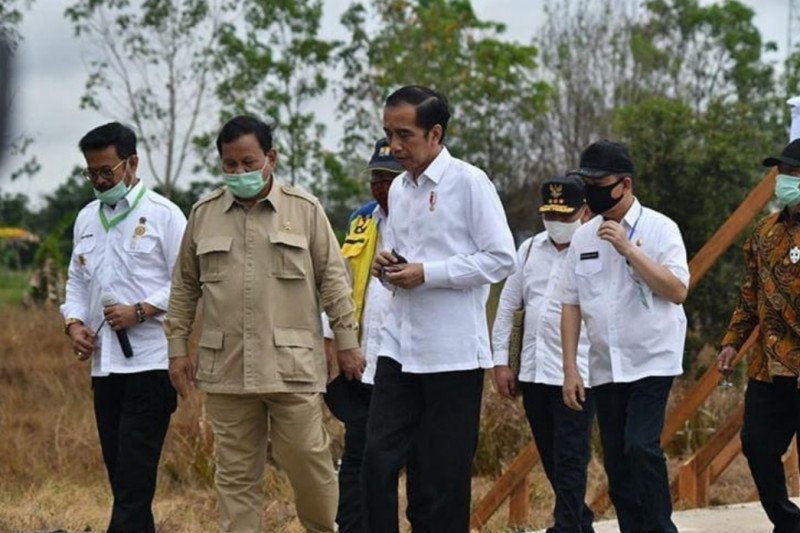 Menteri Pertanian Syarul Yasin Limpo (kiri) dan Menteri Pertahanan Prabowo Sobianto (dua dari kiri) ketika mendampingi Presiden Joko Widodo saat melakukan peninjauan lahan untuk pengembangan lumbung padi nadional. (Foto: Antara)