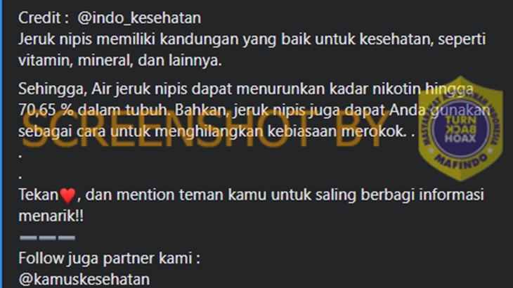 [HOAKS atau FAKTA]: Air Jeruk Nipis Dapat Membersihkan Paru-paru dari Nikotin