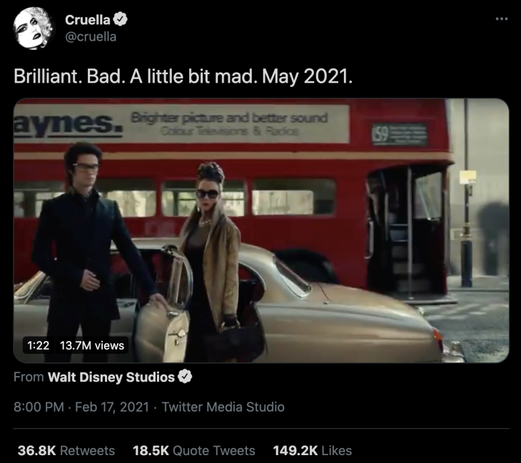 Tangkapan layar dari cuitan akun resmi film Cruella. (Foto: Twitter/Cruella)