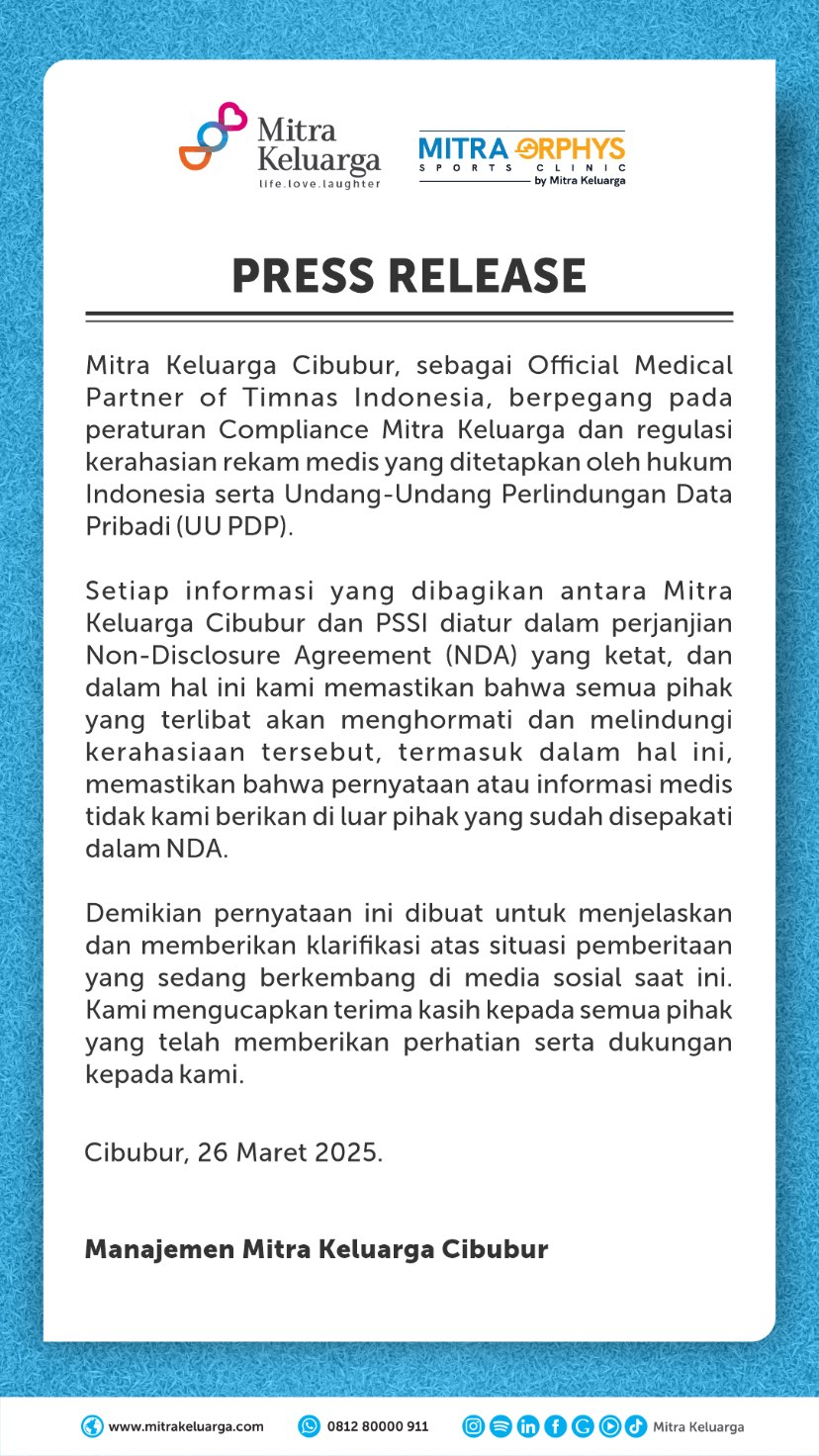 Klarifikasi RS Mitra Keluarga soal MRI Mees Hilgers