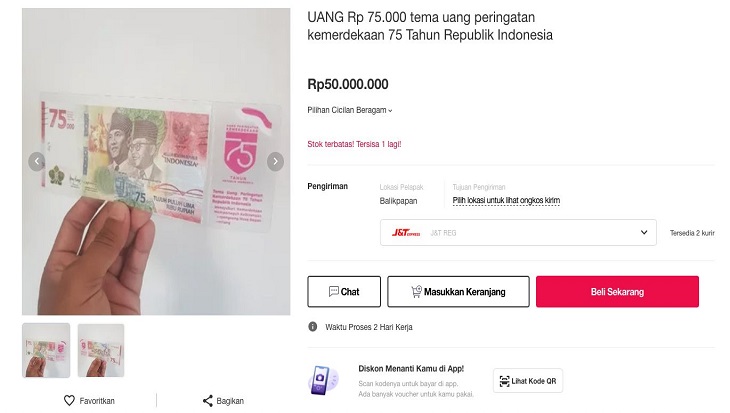 Foto: Penjualan uang edisi khusus Rp 75.000 di Bukalapak (doc Bukalapak)