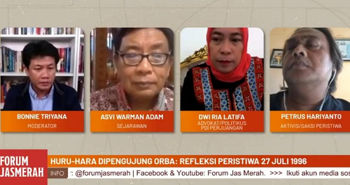 saat berbicara dalam diskusi virtual Forum Jas Merah bertema "Huru-Hara di Penghujung ORBA: Refleksi Peristiwa 27 Juli 1996", di Jakarta, Senin (27/7) (iST)