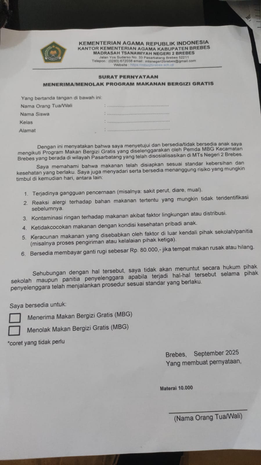 Surat pernyataan soal risiko MBG di Madrasah Brebes