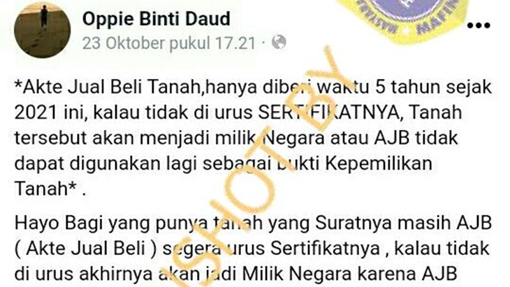 [HOAKS atau FAKTA]: Tanah Warga Tak Diurus Akta 5 Tahun Bakal Diambil Alih Negara