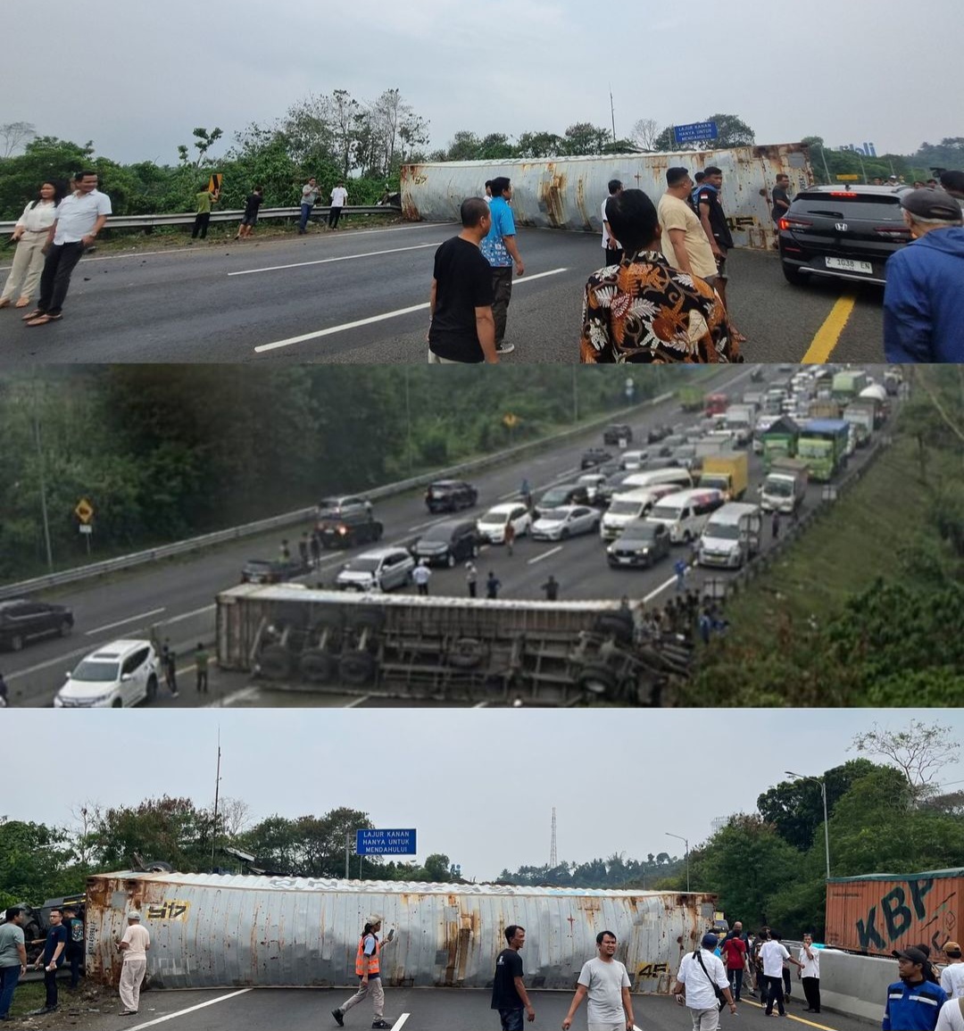Truk Terguling di KM 92 Tol Cipularang hingga Tutup Jalan, Lalu Lintas Tersendat