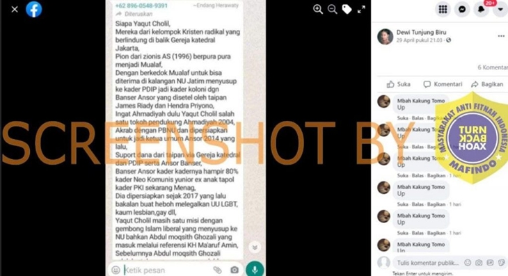 Tangkapan layar hoaks Menag Yaqut Cholil Qoumas bagian dari Kristen radikal. (Foto: MP/Turnbackhoax.id)