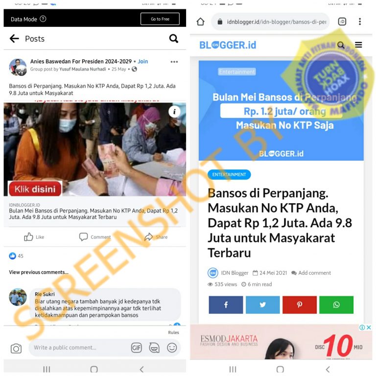 Tangkapan layar hoaks. (Foto: Mafindo)