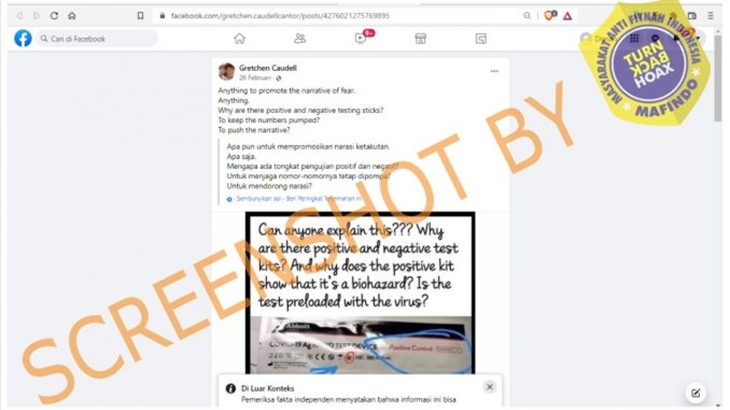 [HOAKS atau FAKTA]: Rapid Test Device Berlabel Positif dan Negatif Sudah Dimuat Virus