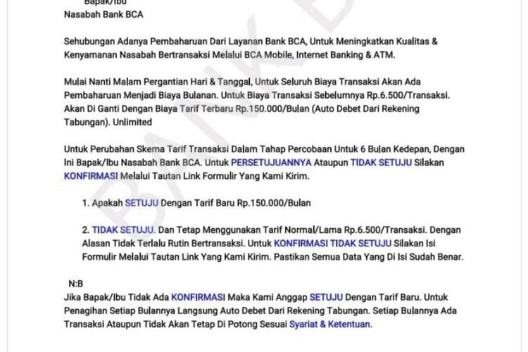 [HOAKS atau FAKTA]: Biaya Transaksi BCA Jadi Rp 150 Ribu Per Bulan
