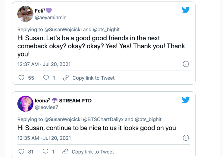 respon ARMY terhadap cicitan Susan. (Foto Twitter)