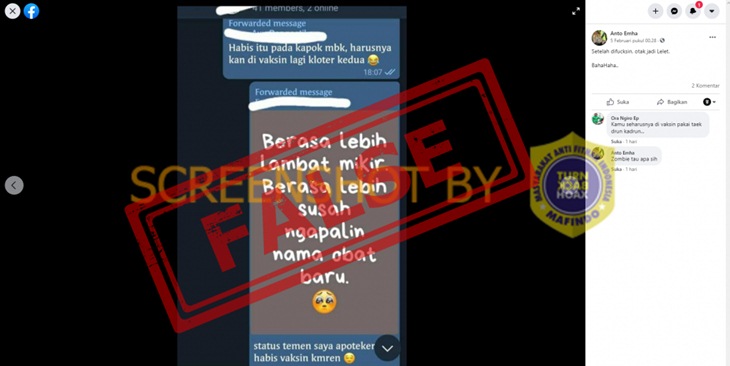 Tangkapan layar Facebook soal hoaks dampak vaksin COVID-19. (Foto: MP/Turnbackhoax.id)