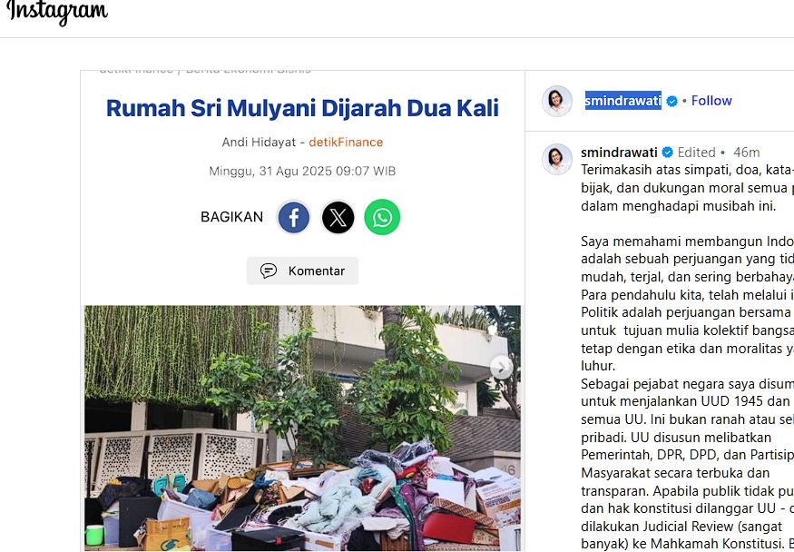 Rumahnya Jadi Korban Penjarahan, Ini Pernyataan Lengkap Menkeu Sri Mulyani