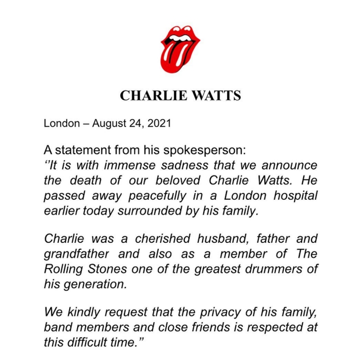 Pernyataan dari pihak The Rolling Stones tentang berita duka Charlie watts. (Foto: instagram/@therollingstones)