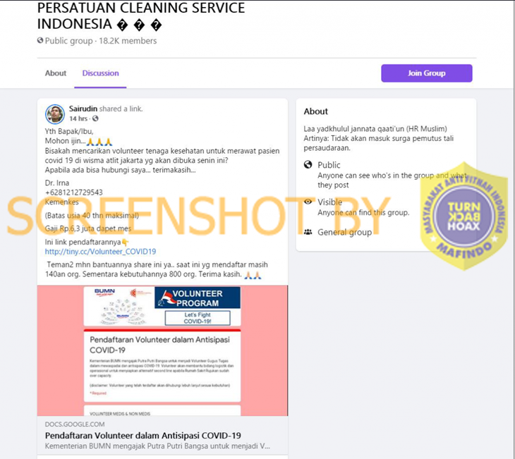 Tangkapan layar Facebook soal rekrutmen relawan di RS Darurat Wisma Atlet Jakarta. (Foto: MP/Turnbackhoax.id)