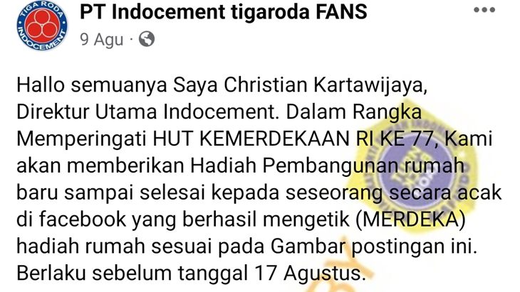 [HOAKS atau FAKTA]: Indocement Tigaroda Beri Hadiah Pembangunan Rumah Gratis