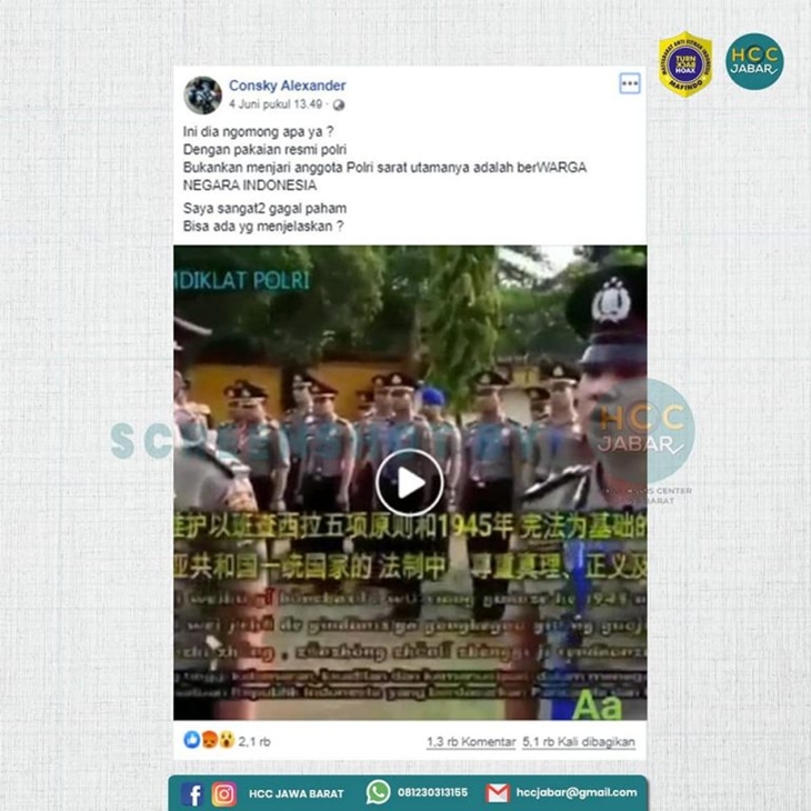 Tangkapan layar media sosial soal hoaks polisi Indonesia warga negara Tiongkok. (Foto: MP/Turnbackhoax.id)