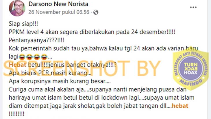 [HOAKS atau FAKTA]: PPKM Level 4 Nataru, Pemerintah Sudah Prediksi Varian Baru COVID-19