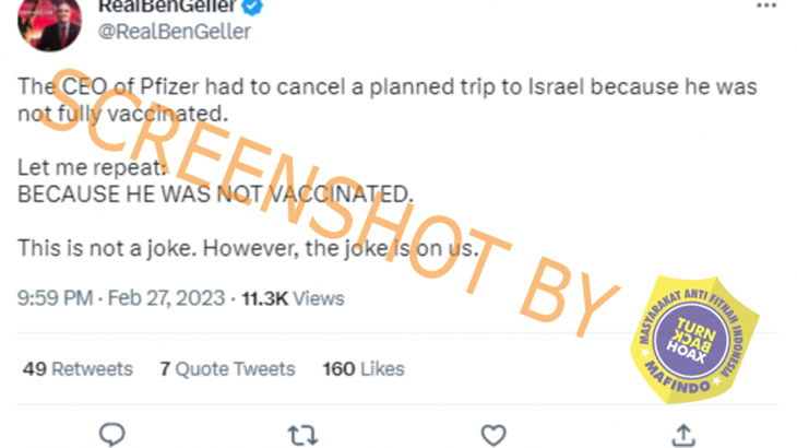 [HOAKS atau FAKTA]: CEO Pfizer Batal ke Israel karena Belum Divaksin Lengkap