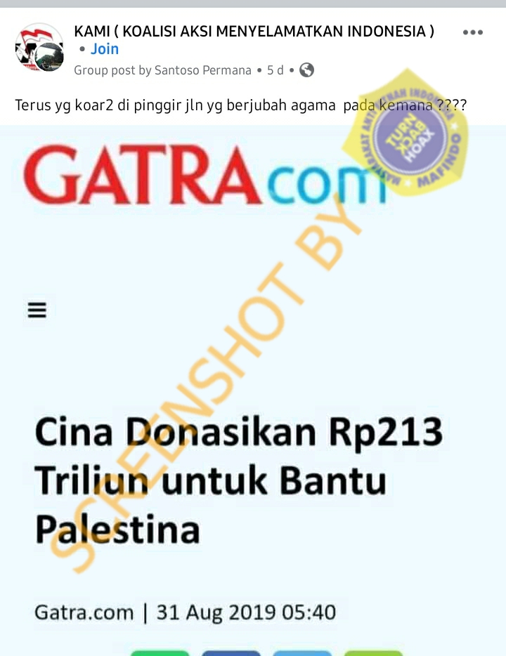 Tangkapan layar hoaks China donasikan uang. (Foto: Antara)