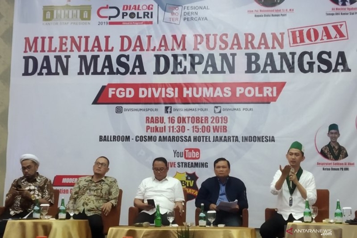 Acara FGD Polri bertajuk Milenial dalam Pusaran Hoax dan Masa Depan Bangsa, di Jakarta, Rabu (16/10/2019). ANTARA/Anita Dewi