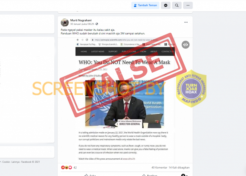 [Hoaks atau Fakta]: WHO Ubah Aturan Pakai Masker Hanya Buat Orang Sakit